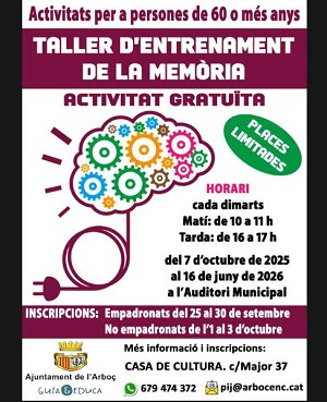 Torna a lArbo el Taller dEntrenament de la Memria per a majors de 60 anys 